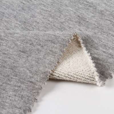 Soft grey heather 100% cotton french terry knit fabric in stock for hoodie sweater